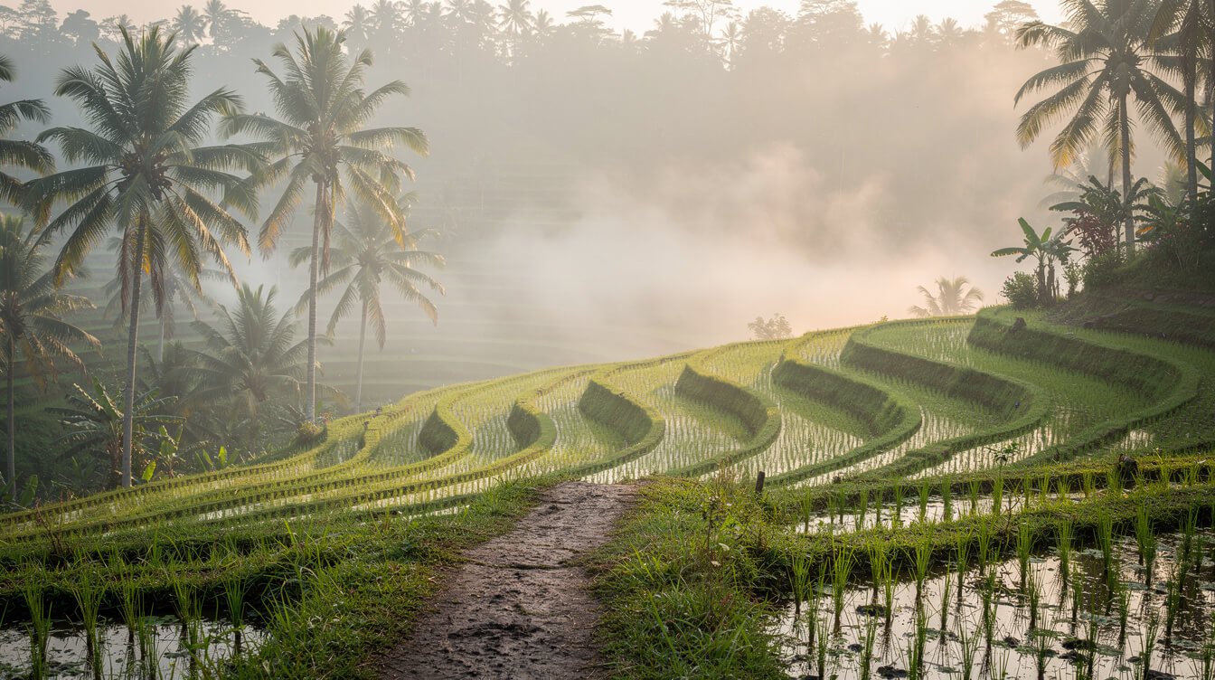 Misty Ubud rice terraces in early morning light with a narrow paddy footpath and coconut palms
