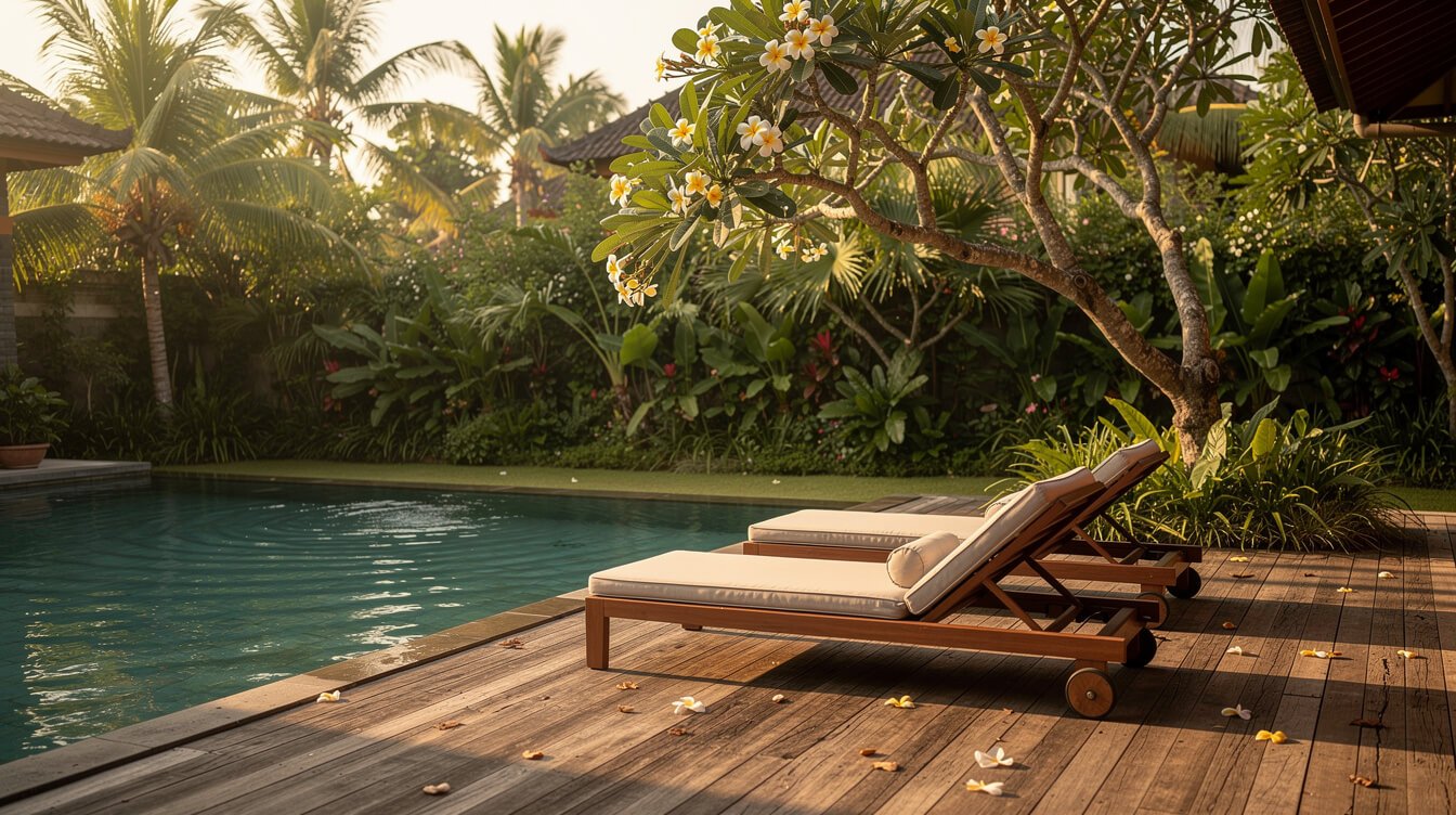 Private villa pool deck in Ubud with timber decking, two loungers and a frangipani tree in late afternoon light