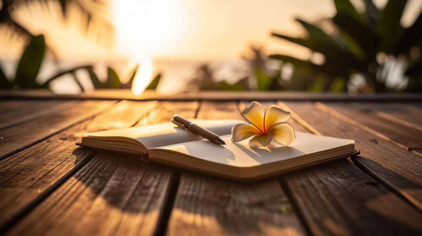 Open notebook with a pen and a frangipani flower on a teak deck at sunset in Bali