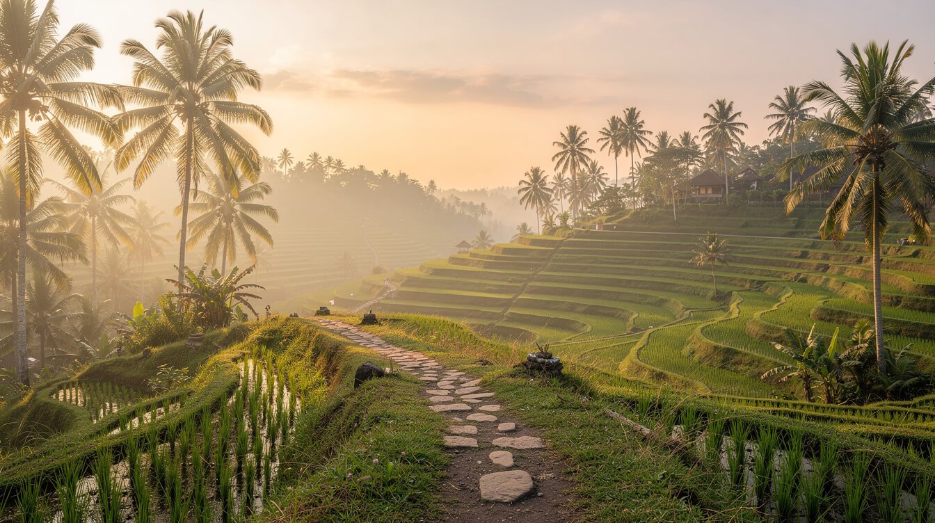 Misty Ubud rice terraces with a village footpath and coconut palms at sunrise