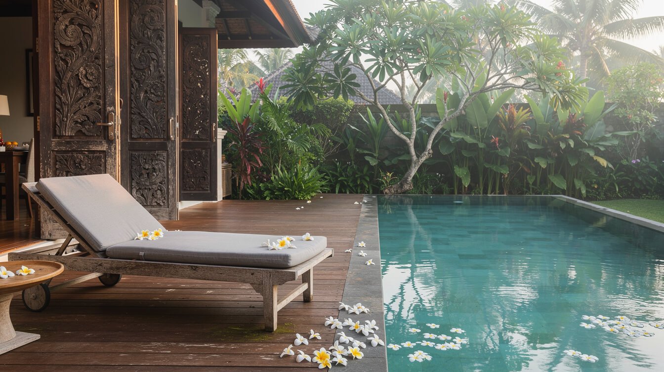 Private pool deck with carved wooden doors and a tropical garden at a staffed villa in Ubud
