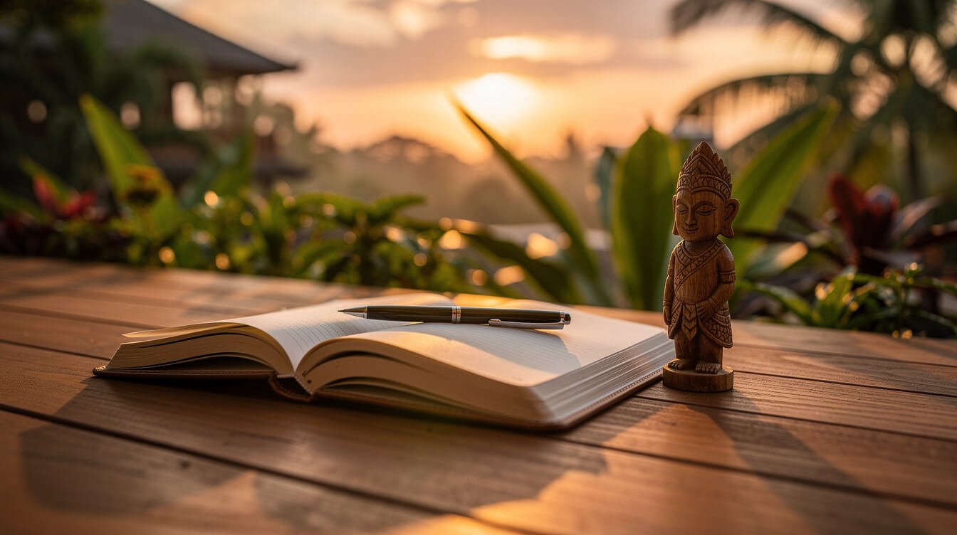 Open notebook and a small hand-carved wooden figure on a teak villa deck at sunset in Bali