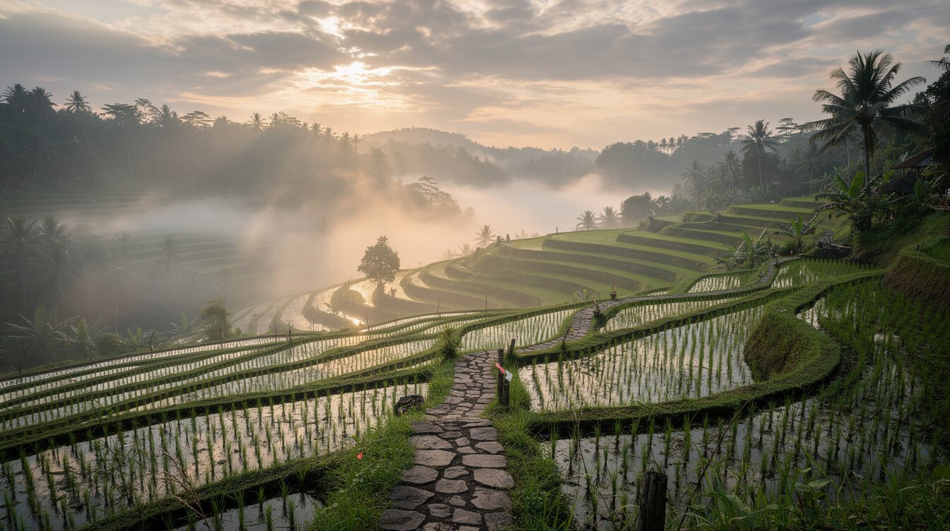 Misty Ubud rice terraces at sunrise