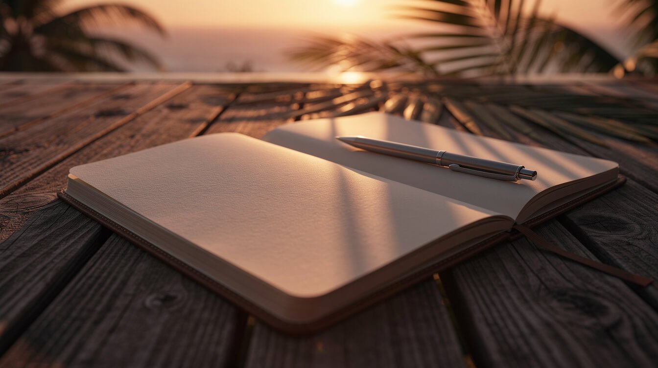 Open notebook on a wooden deck at sunset