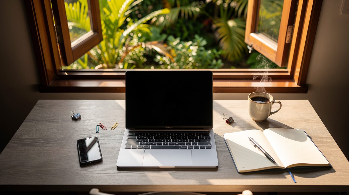 laptop and coffee on a desk overlooking a Balinese garden in the morning