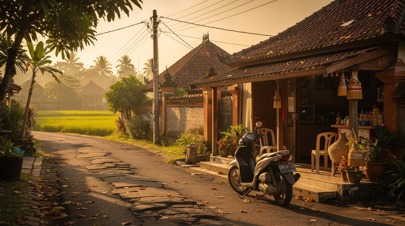 quiet Ubud street at golden hour with rice paddies in the background