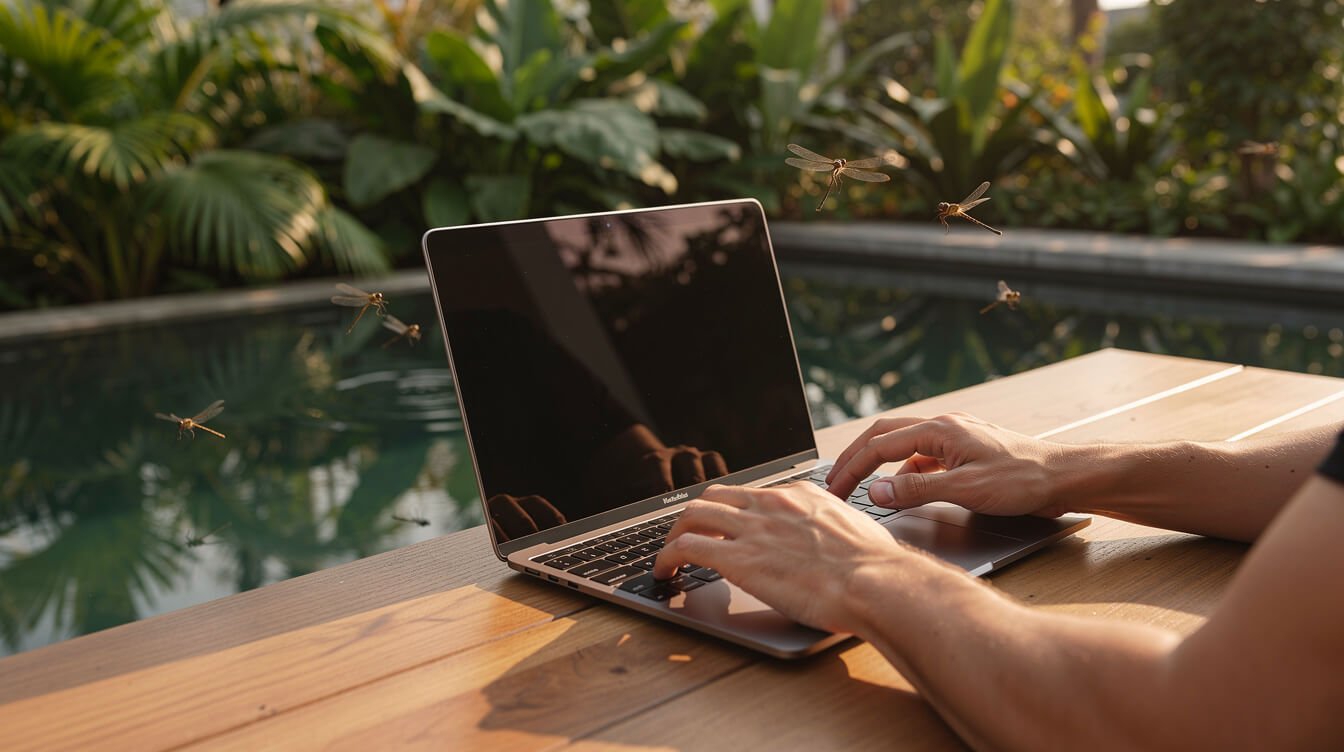 hands typing on a laptop beside a pool in a tropical garden