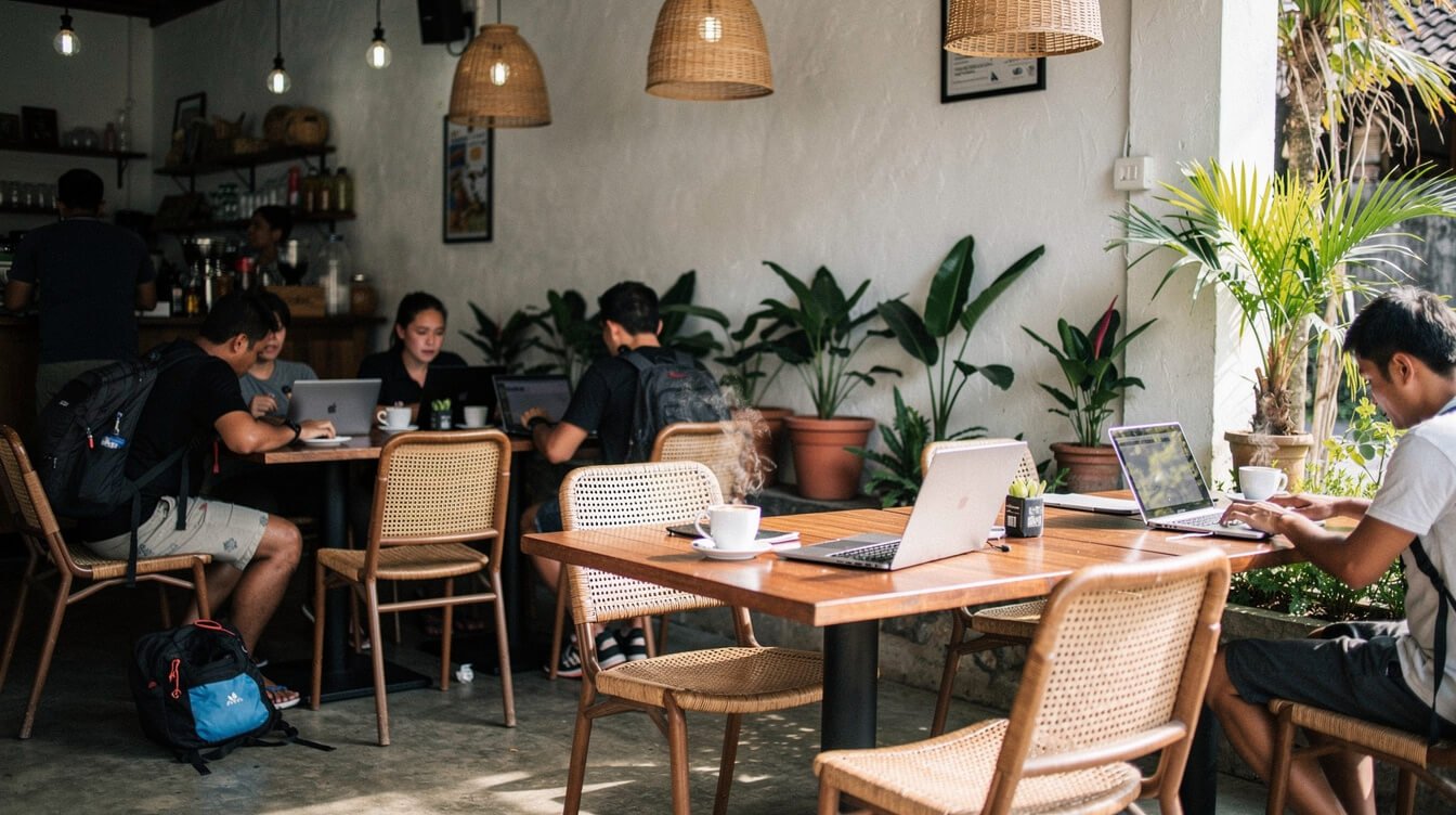 busy small cafe interior with laptops on close tables