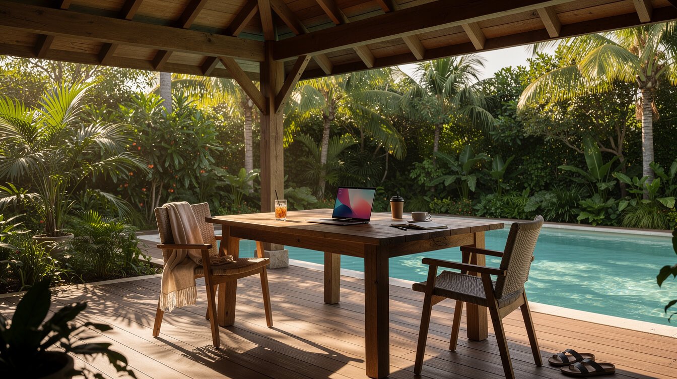 laptop on a shaded pool deck workspace at a private villa in Ubud