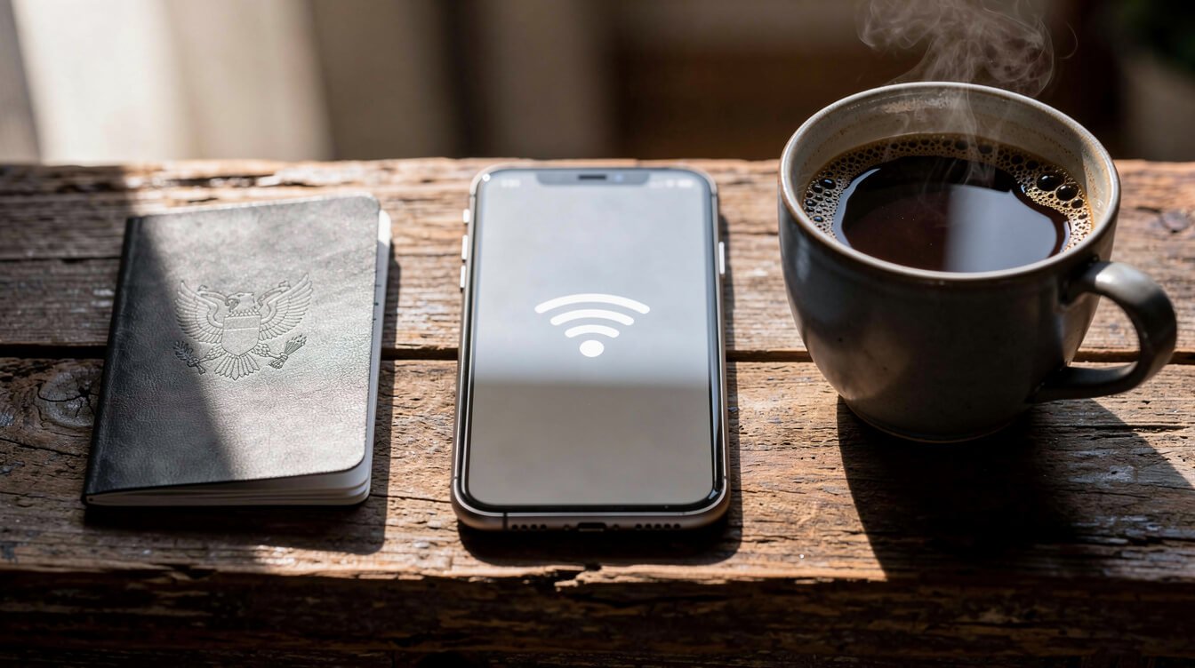 passport, phone with wifi signal, and coffee cup on a wooden ledge
