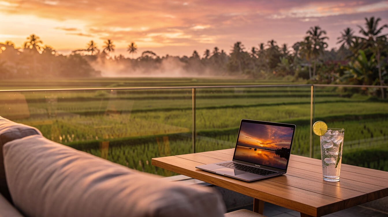 sunset view from a villa rooftop over Ubud rice fields