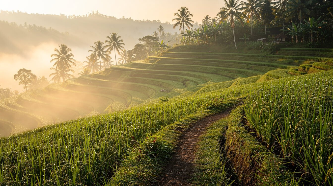 Misty green-season sunrise over rice terraces near Ubud