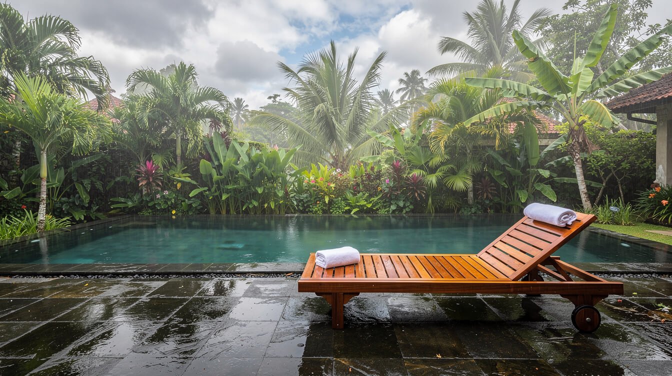 Villa Amrita pool deck and tropical garden just after February rain