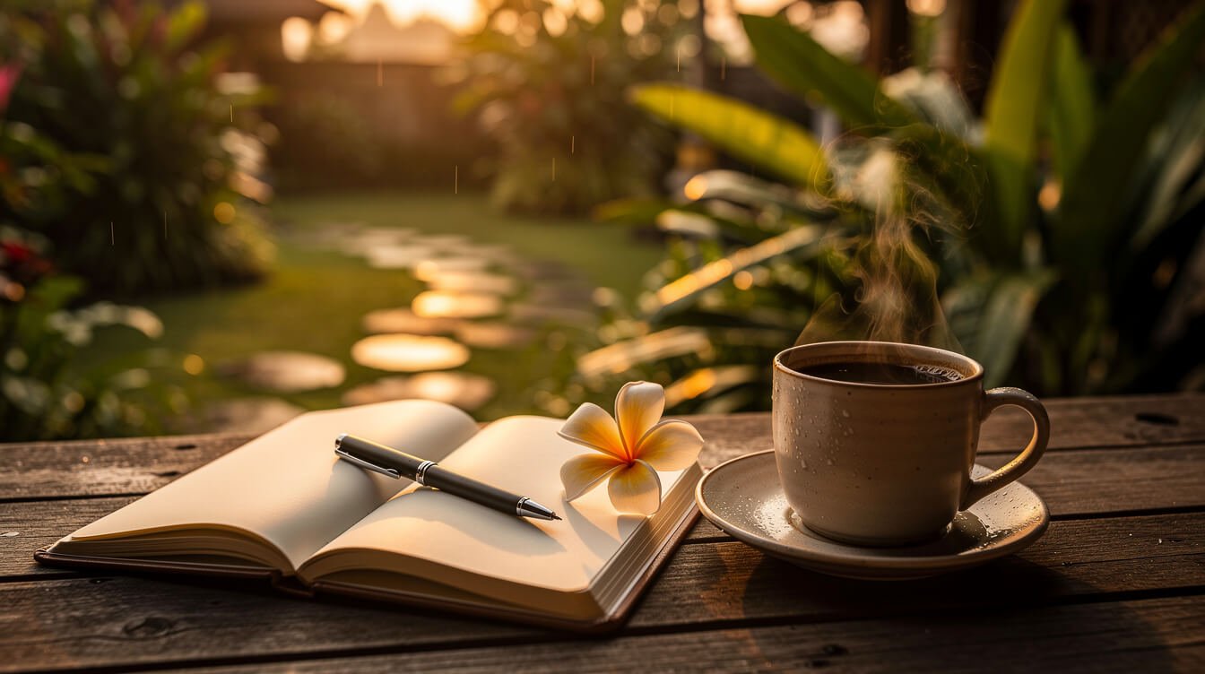 Open notebook and coffee on a villa terrace at sunset after rain