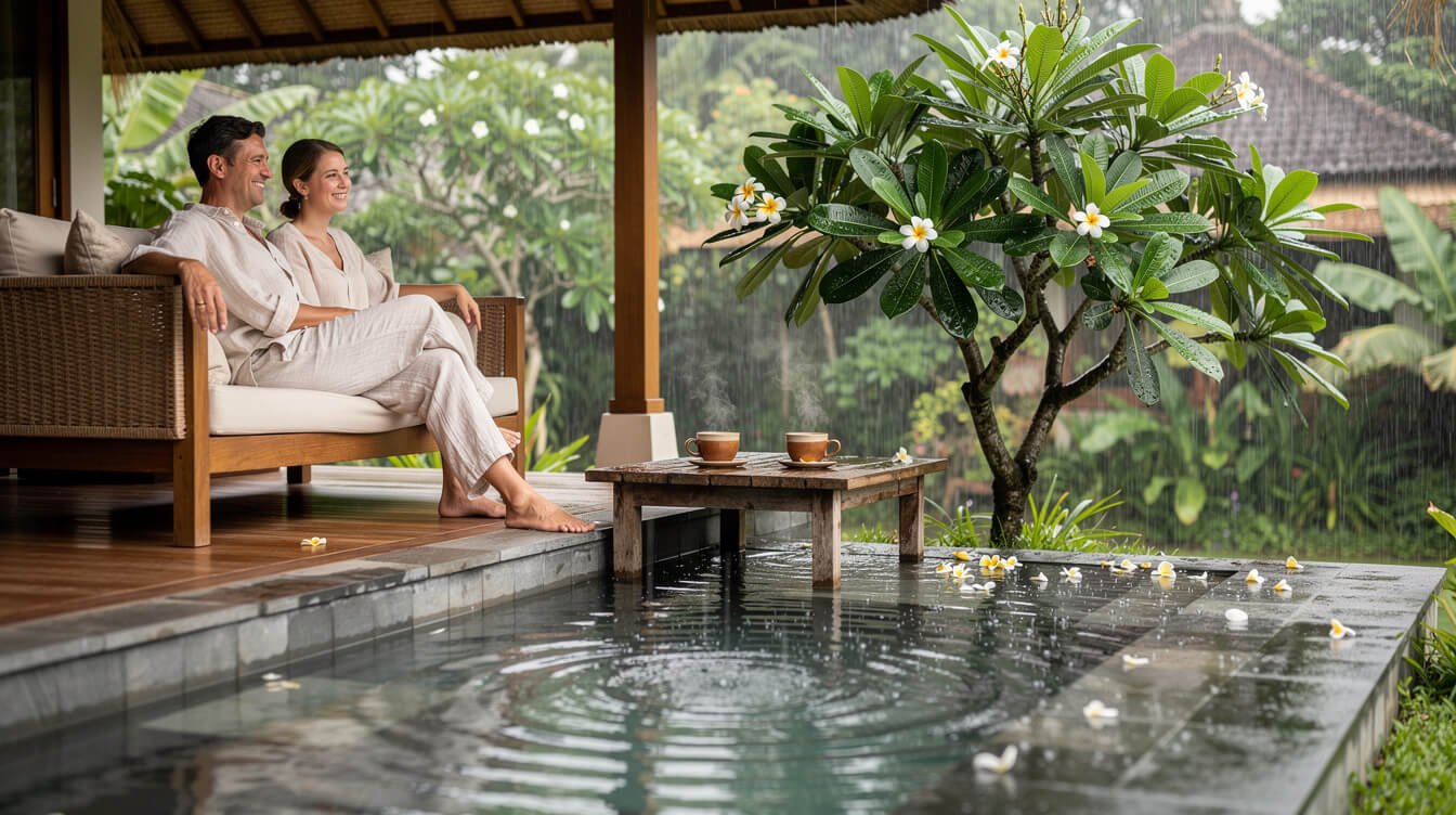 Couple on a covered villa terrace in Ubud watching warm February rain fall on the pool