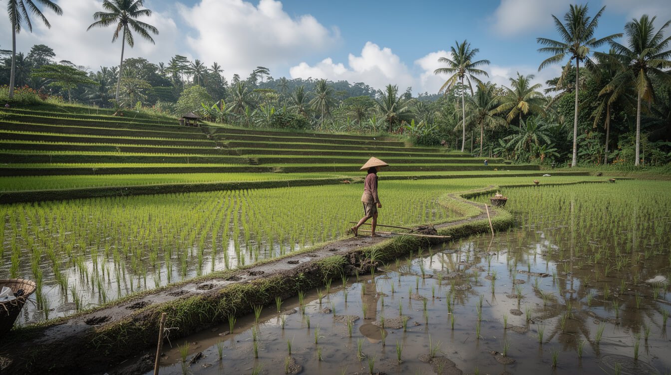 Flooded young rice paddies near Ubud reflecting the sky after February rain