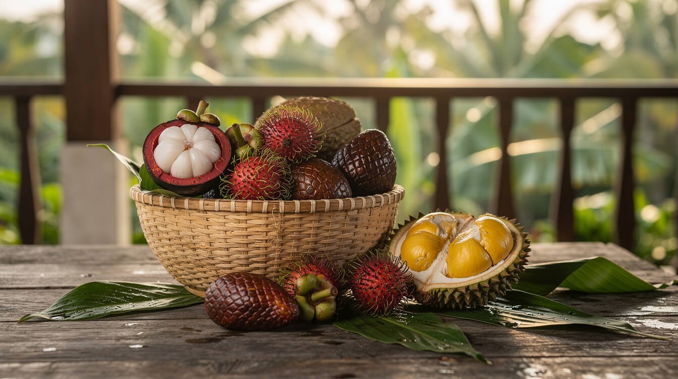 Basket of mangosteen, rambutan, salak and durian on a villa terrace in Bali