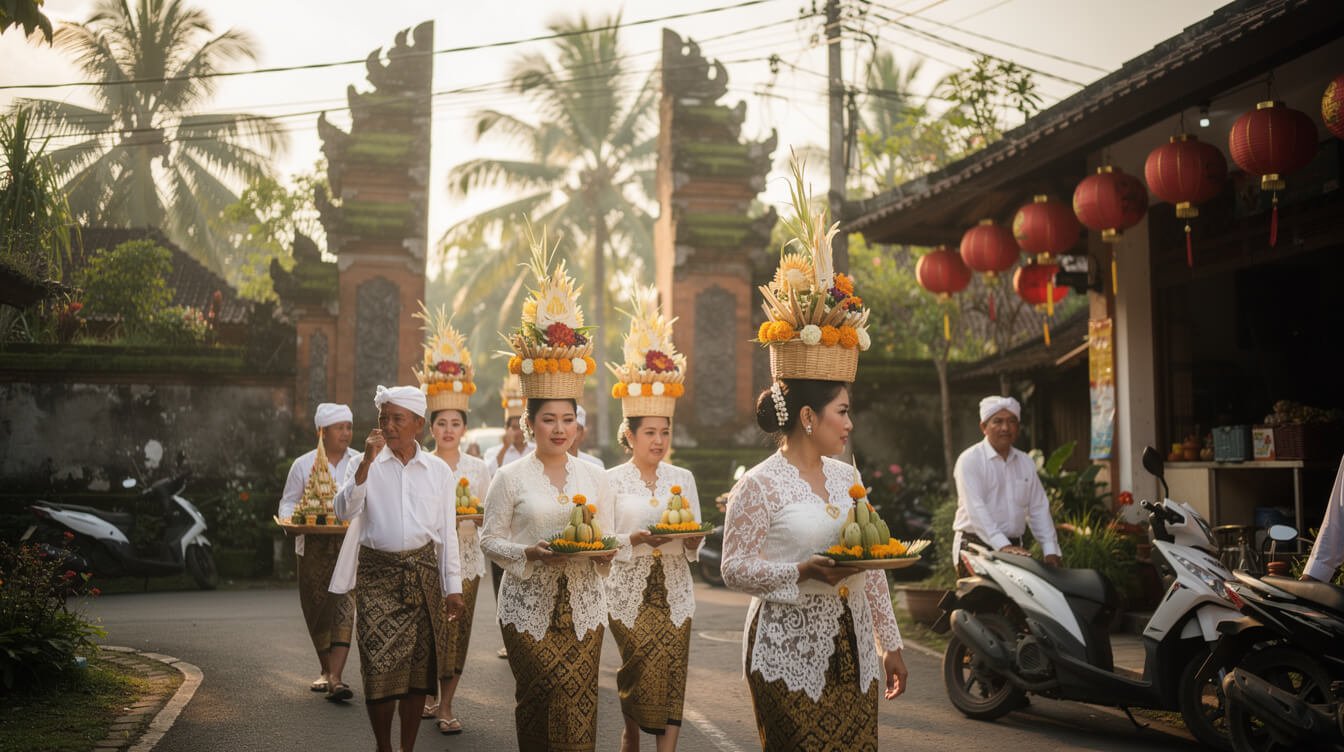 Balinese villagers in ceremonial dress carrying offerings to a temple near Ubud