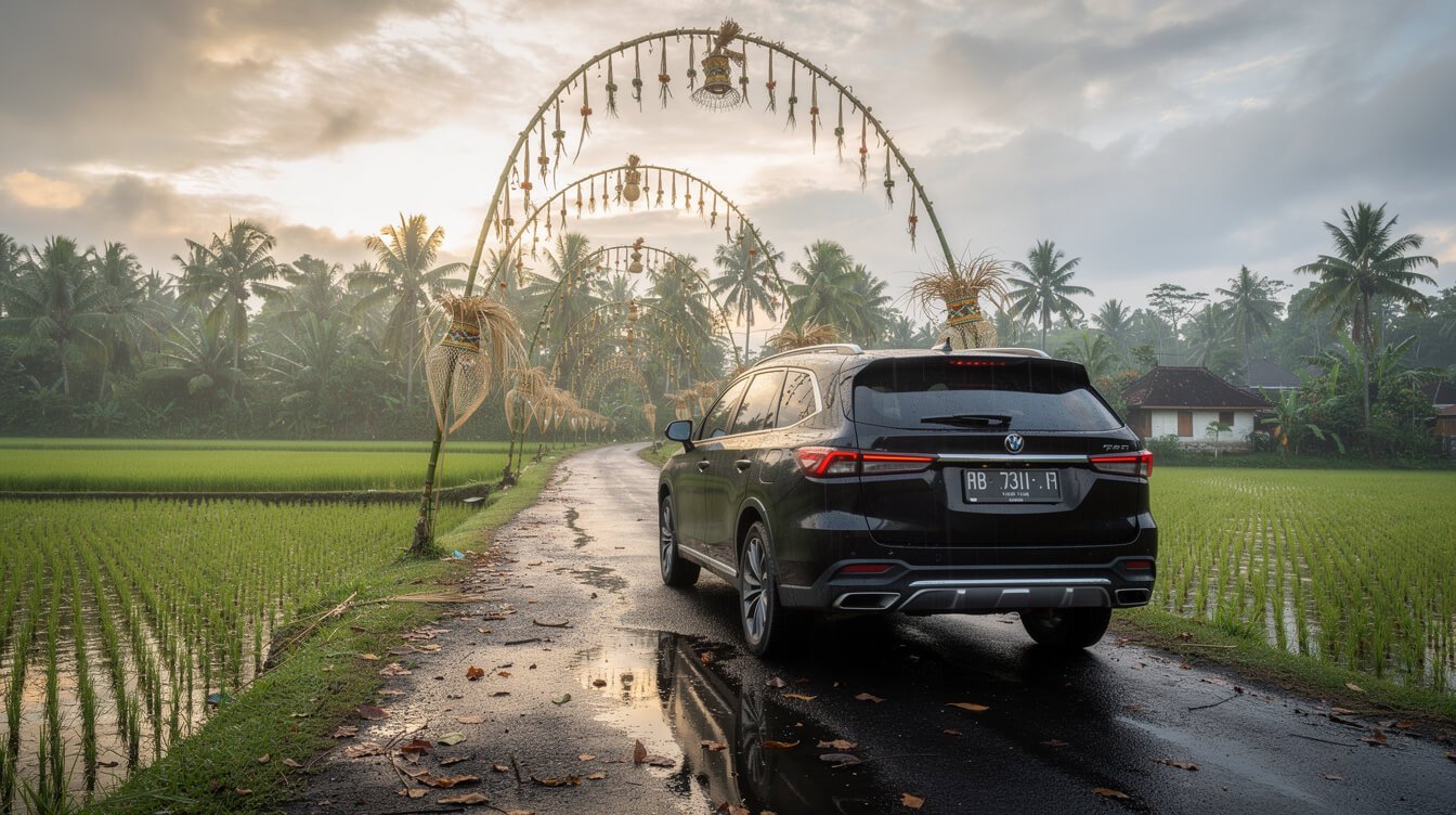Private car on a rain-washed village road near Ubud with rice fields either side
