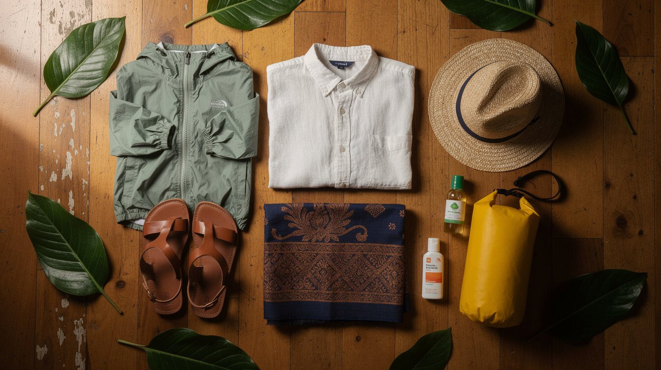 Packing flat lay for Bali in the wet season with rain jacket, sarong and sandals