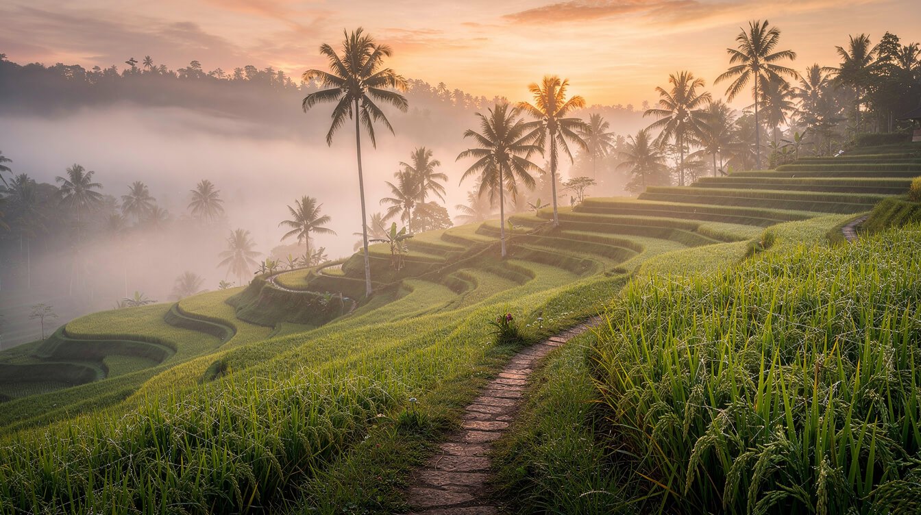 Misty rice terraces at sunrise near Ubud
