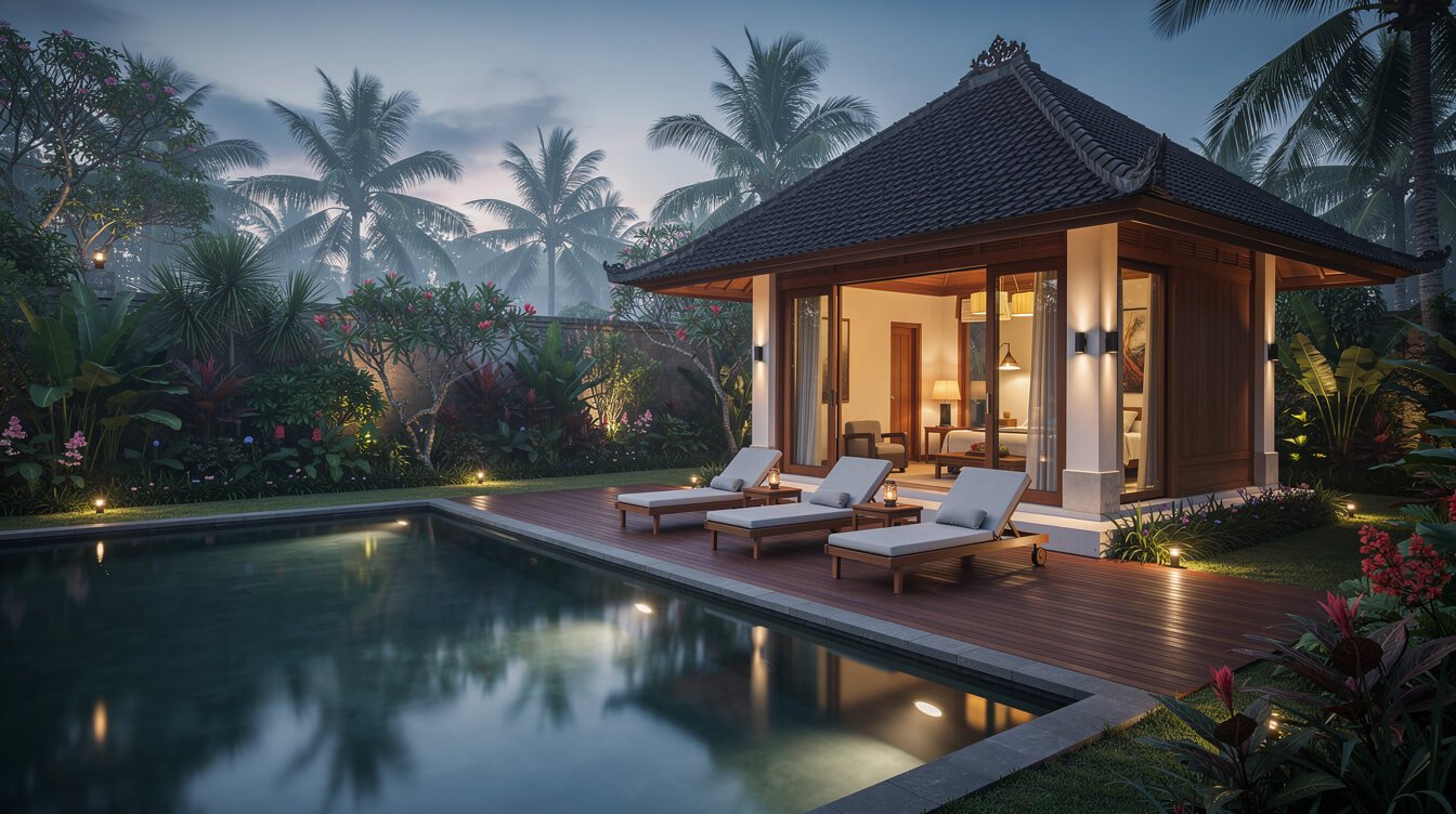 Villa Amrita pool deck at dusk