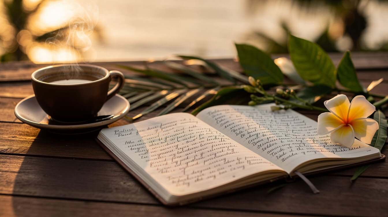 Open notebook and coffee on a villa deck at sunset