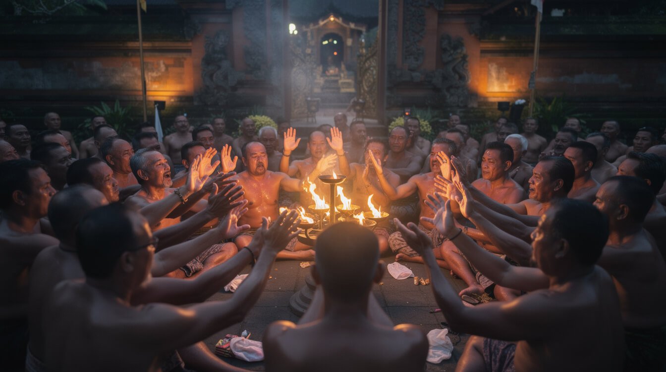 circle of chanting men during a Kecak performance with arms raised