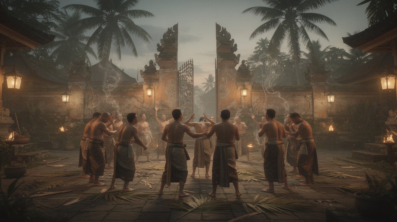 Balinese village temple courtyard at twilight where the Kecak chant grew out of the Sanghyang trance ritual