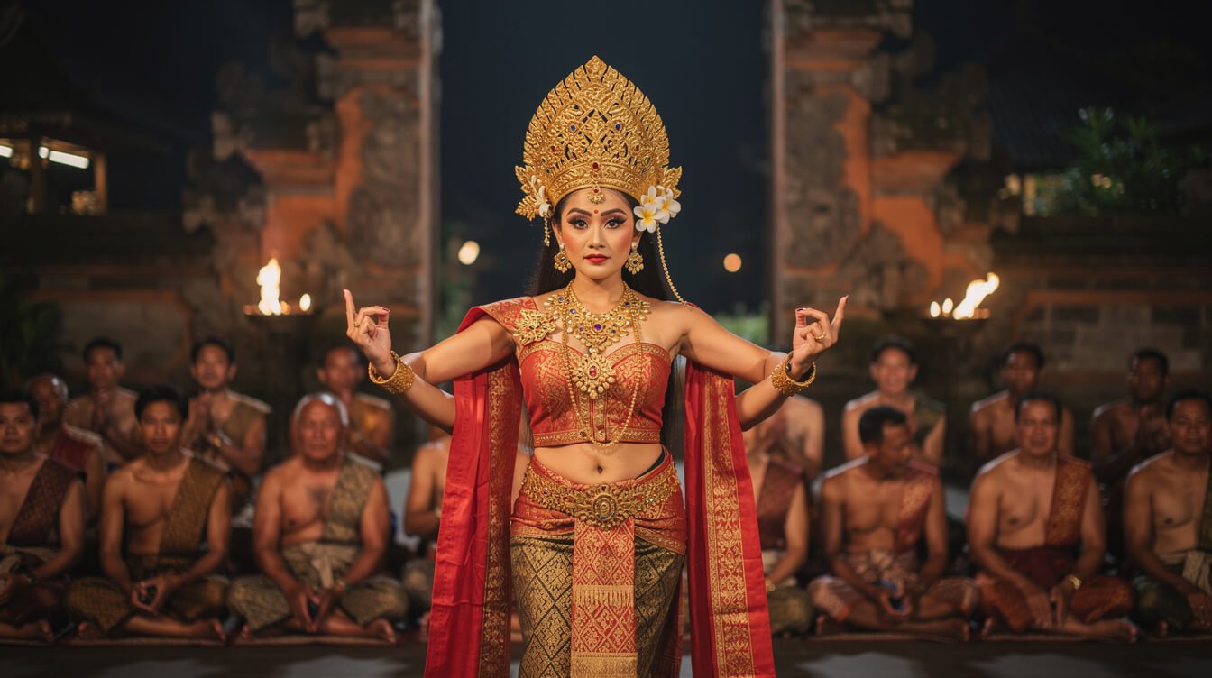 Sita dancer in a gold headdress during the Ramayana story of the Kecak dance in Ubud