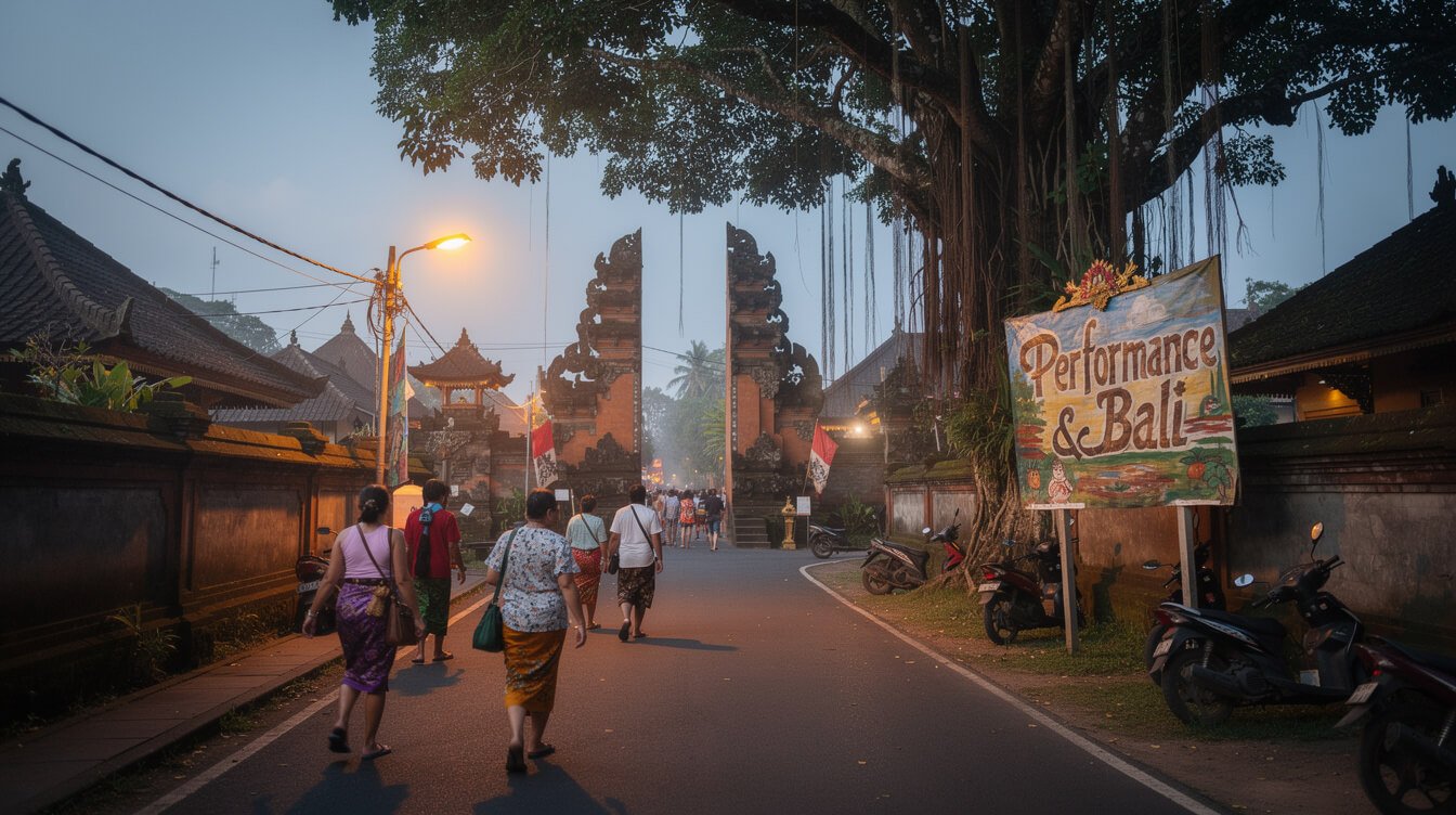 evening lane leading to a Kecak dance venue in Ubud