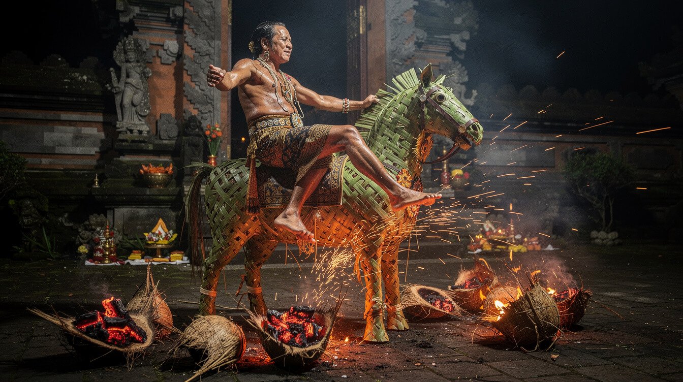 Sanghyang Jaran fire dancer kicking burning coconut husks at a Ubud Kecak performance