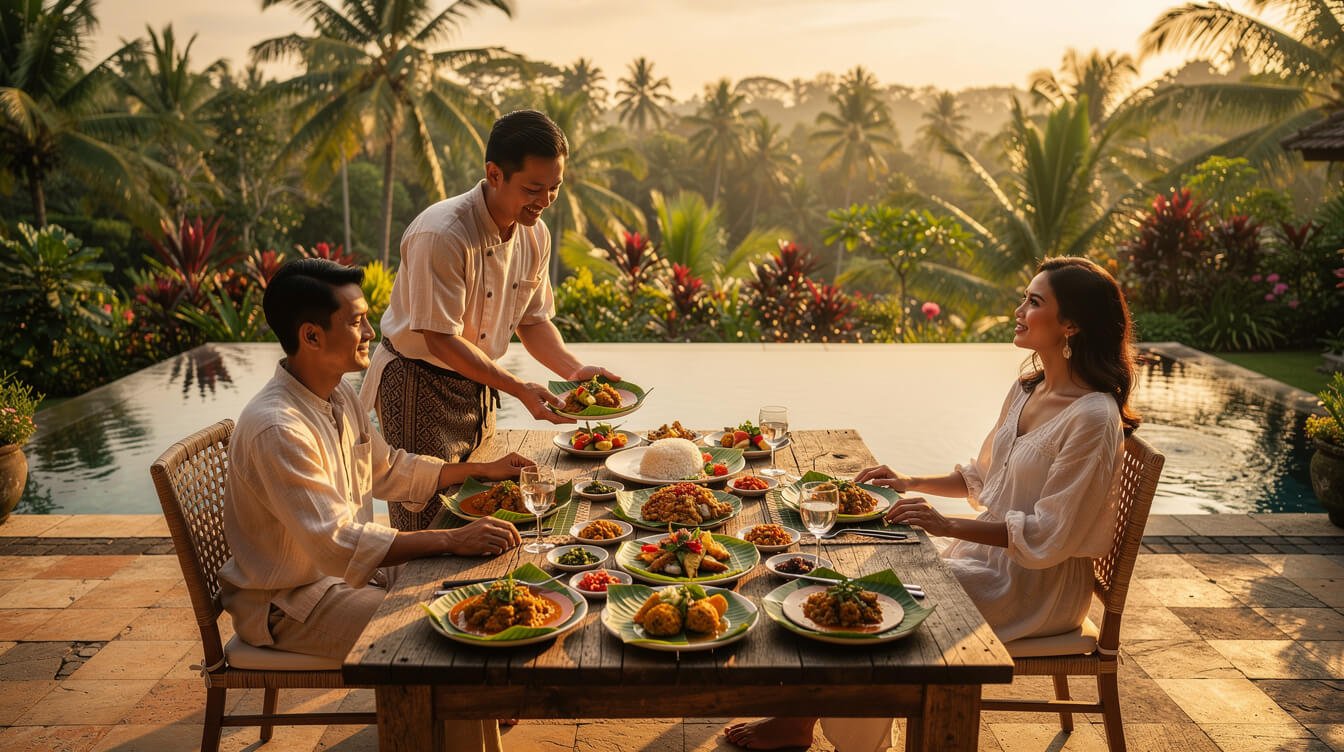 early dinner by the chef on a private Ubud villa terrace before the Kecak dance