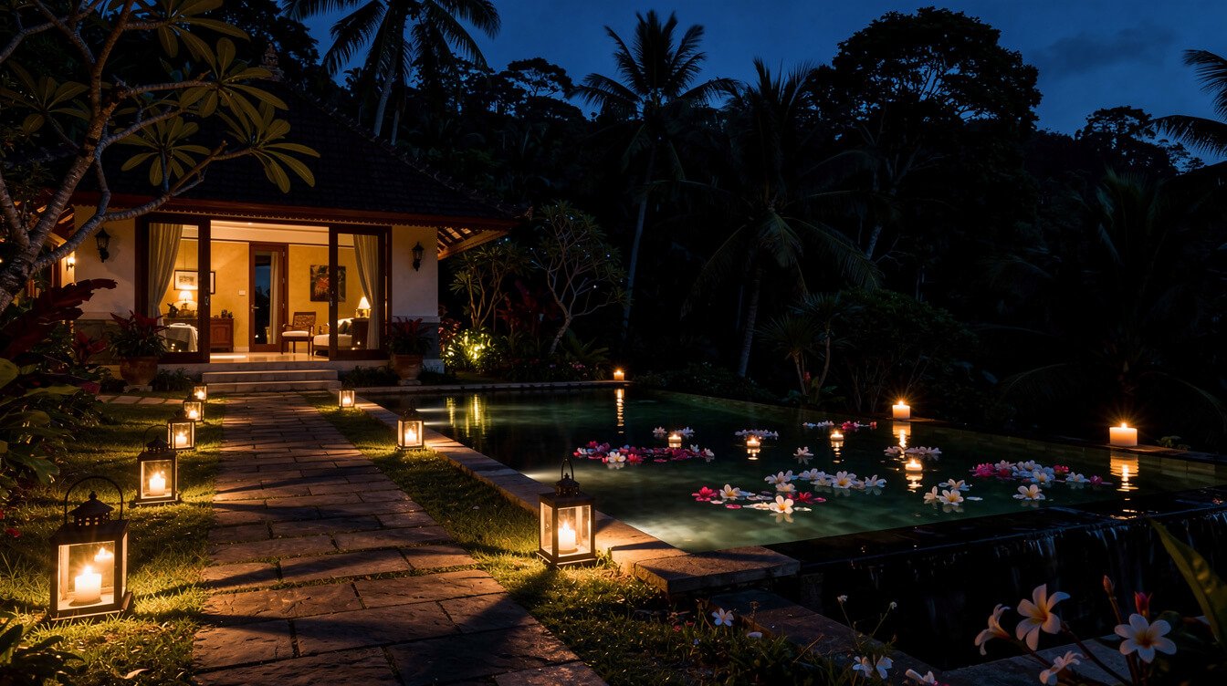 lantern-lit villa path and candles floating on the pool after a Kecak evening in Ubud