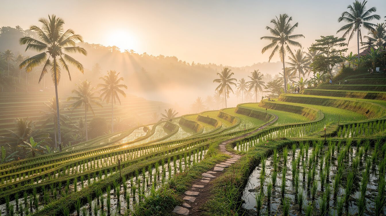 Misty sunrise over rice terraces near Ubud