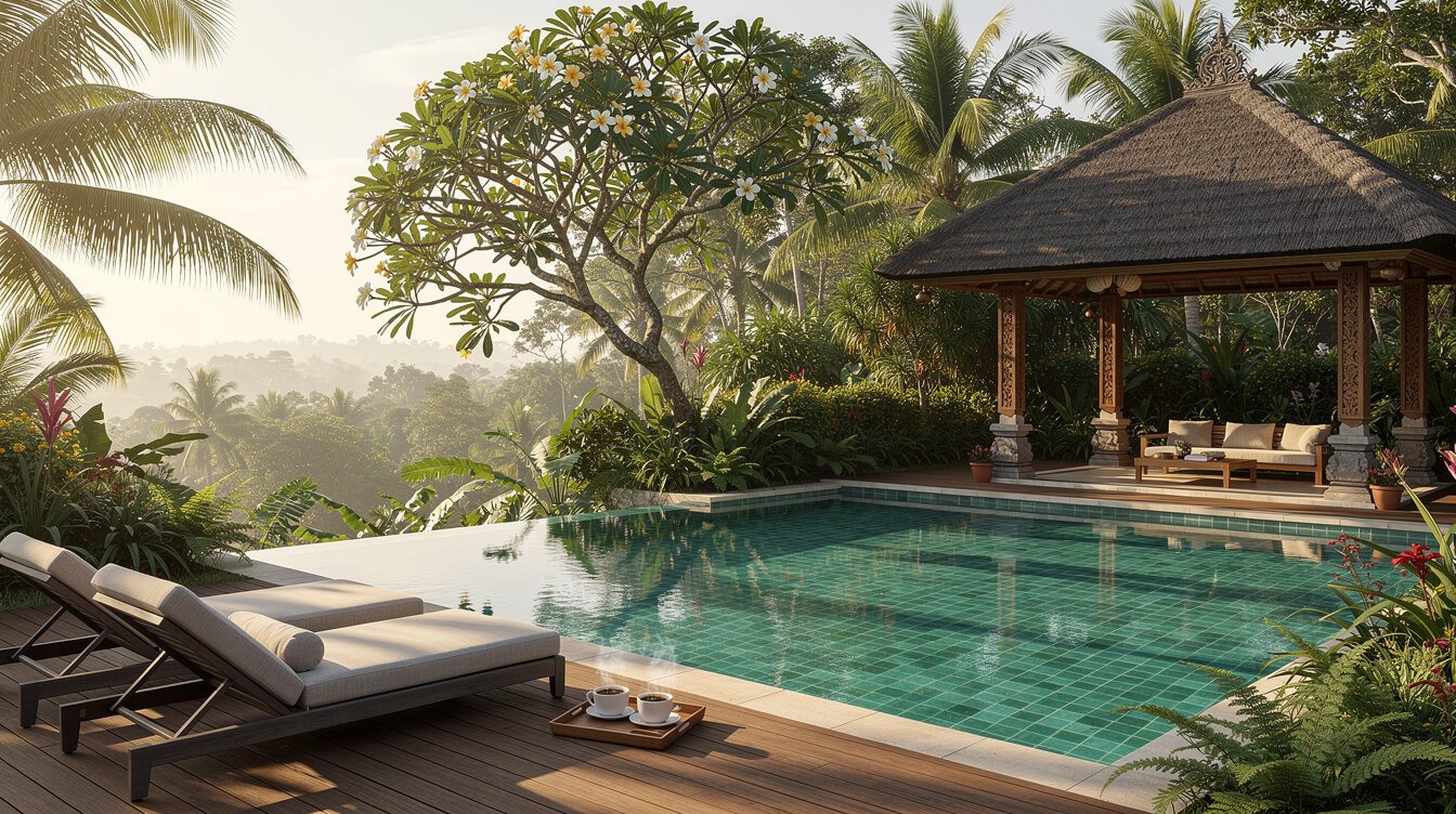 Villa Amrita private pool deck with morning coffee in Ubud