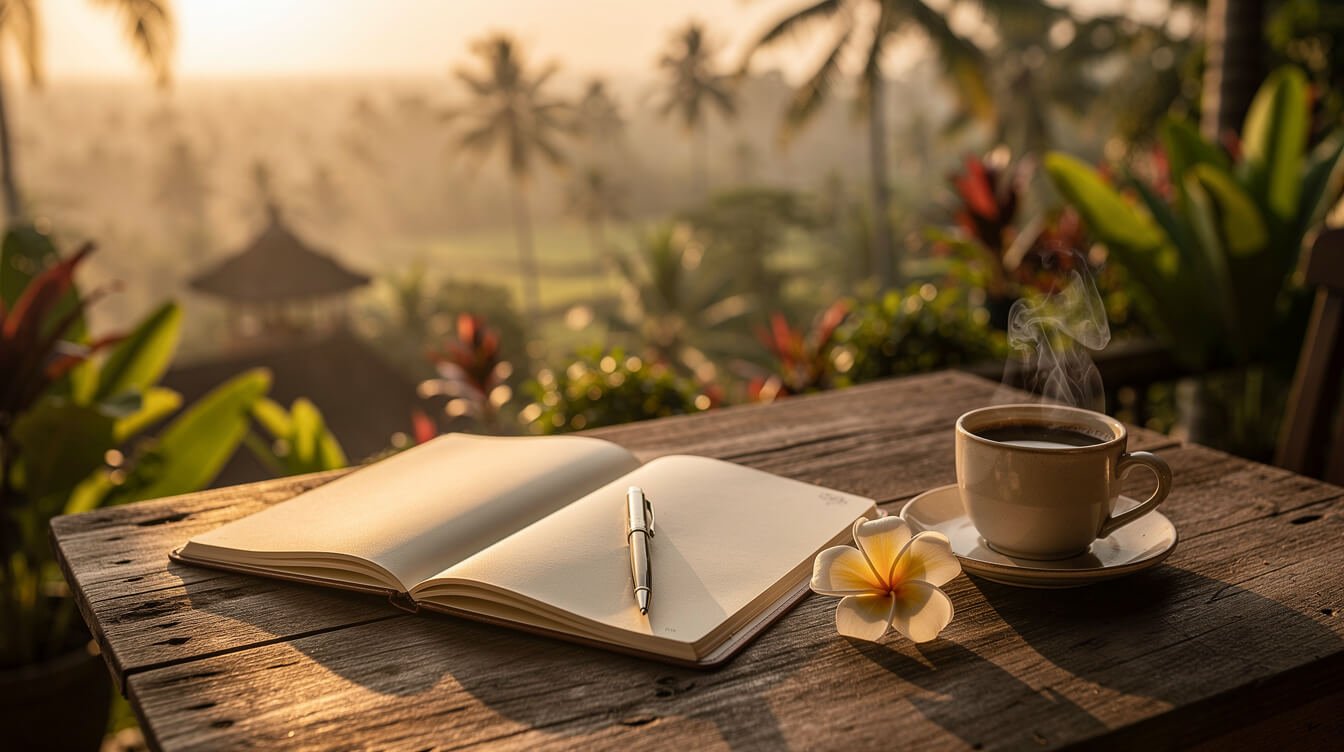 Open notebook and coffee on a villa terrace at sunset