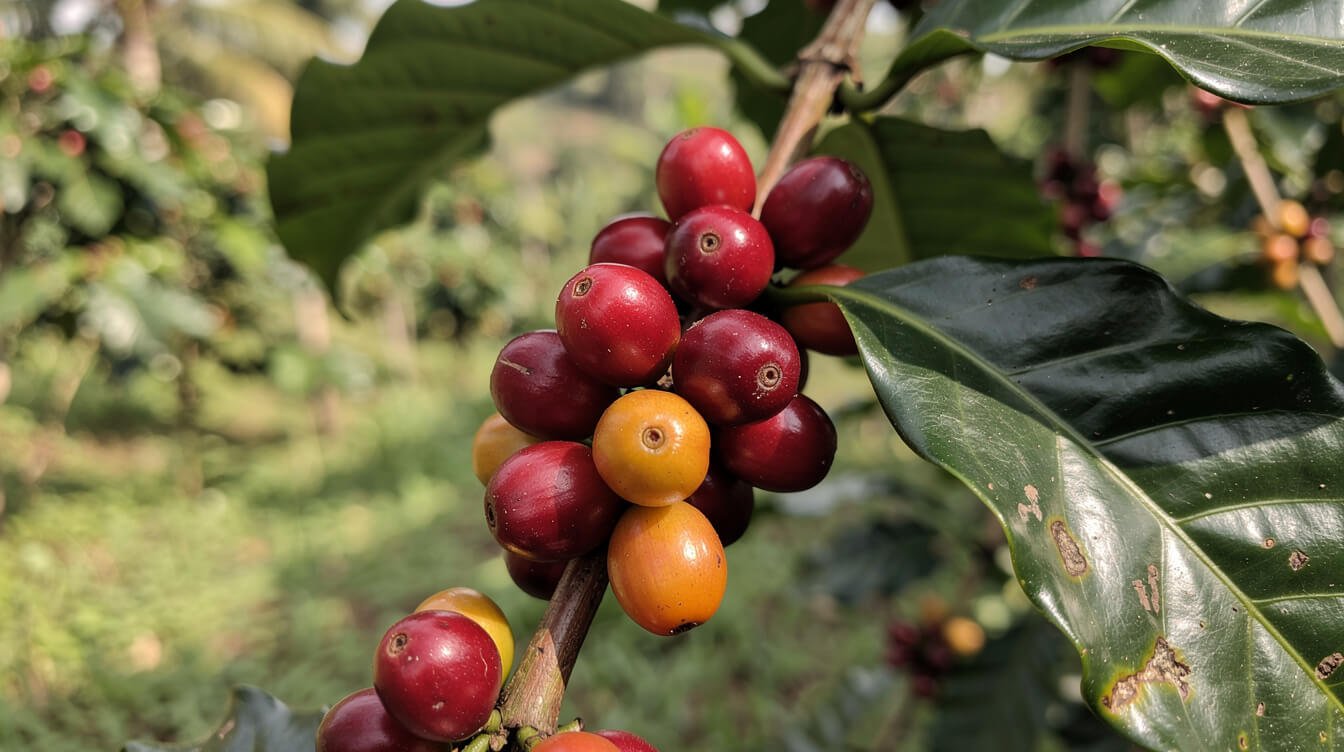 Ripe red coffee cherries on a branch, the fruit civets eat to make luwak coffee