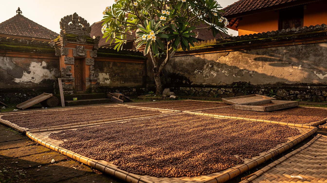 Coffee beans drying on bamboo mats in a Balinese village courtyard