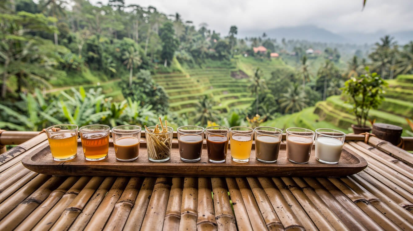 A luwak coffee tasting flight of small glass cups overlooking jungle near Ubud