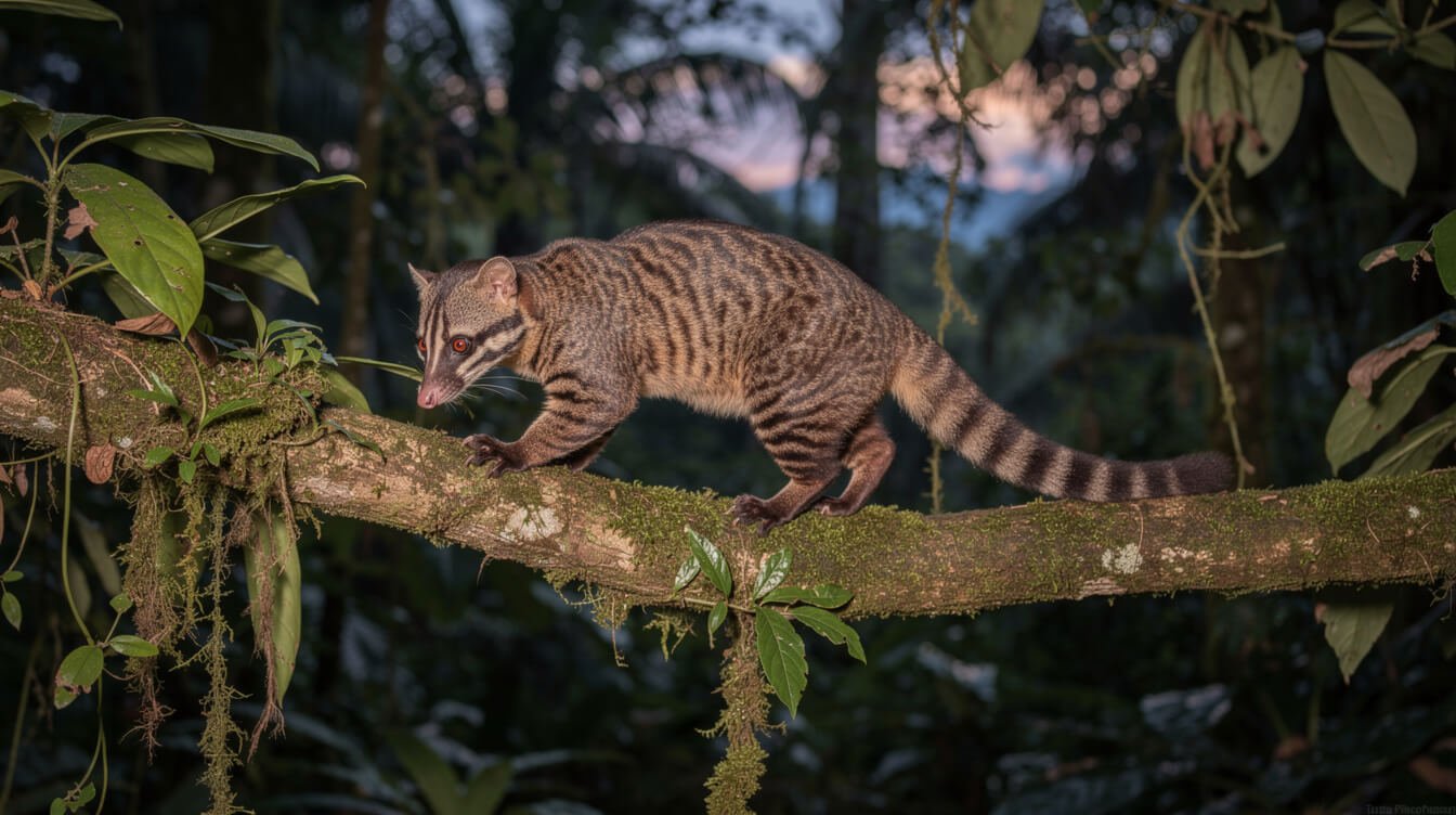 A wild civet on a forest branch at dusk, the animal behind luwak coffee