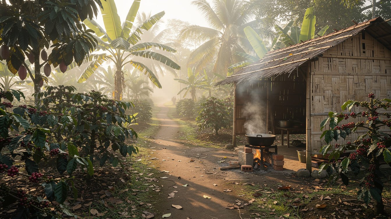 A garden path through coffee and cacao on a small Bali coffee farm