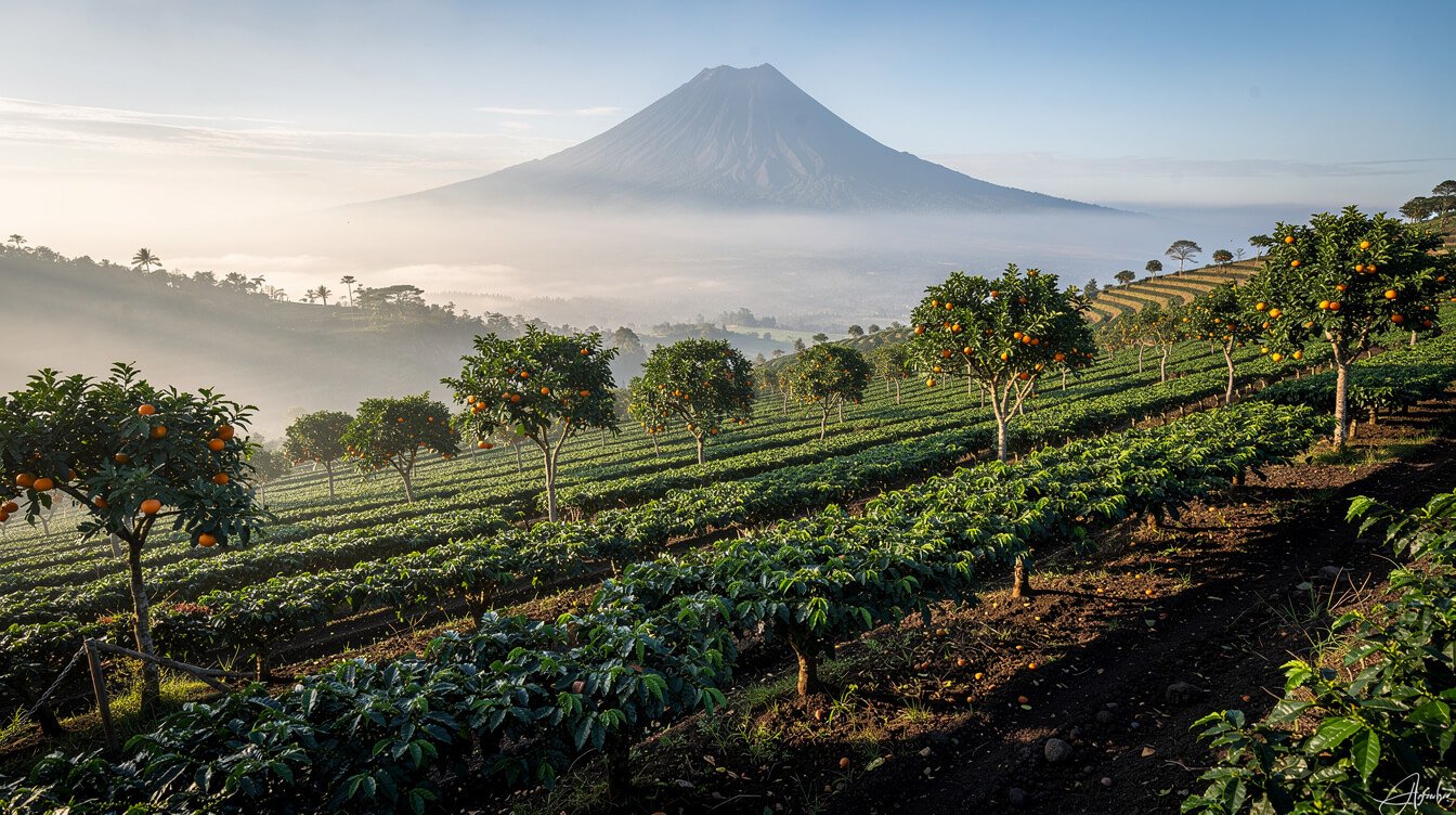 Kintamani arabica coffee farm shaded by citrus trees below Mount Batur, Bali