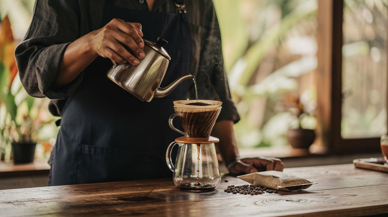 A barista making pour-over coffee at a specialty coffee bar in Ubud