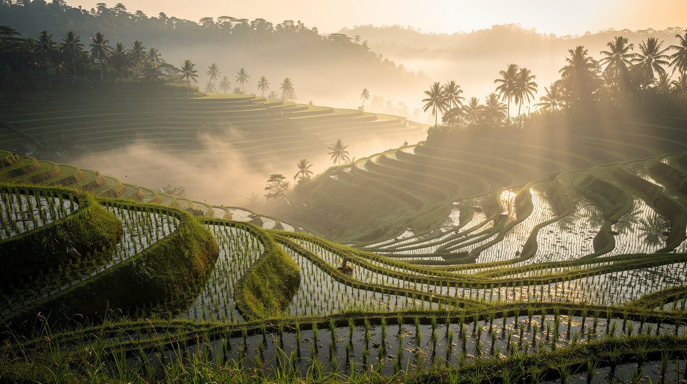 Misty sunrise over terraced rice fields near Ubud