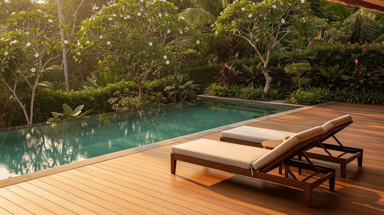 Villa Amrita pool deck and tropical garden in Ubud