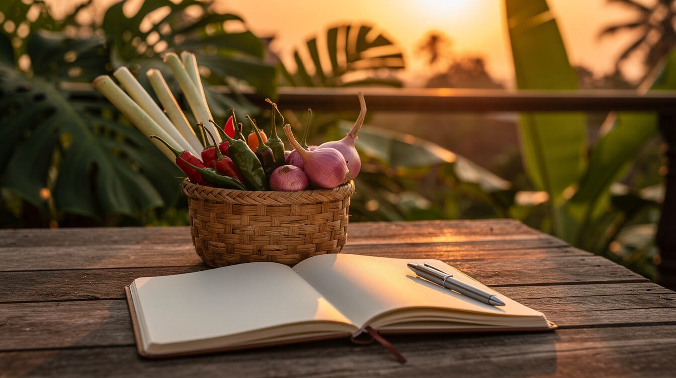 Open notebook with fresh chilies, shallots and lemongrass on a villa terrace at sunset in Ubud