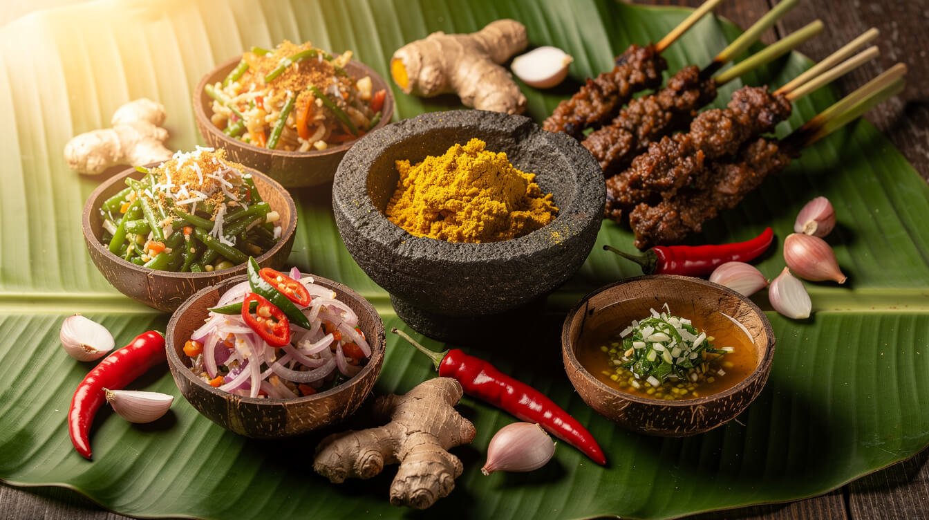 Balinese side dishes for nasi campur: urab, lawar, sate lilit, sambal matah and base genep spice paste