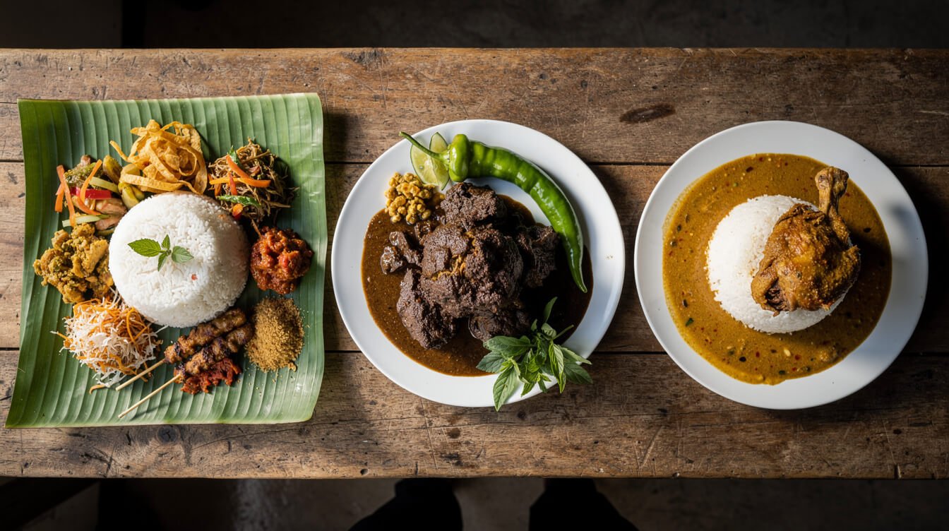 Balinese mixed rice, nasi padang with rendang and a curry-flooded rice plate side by side