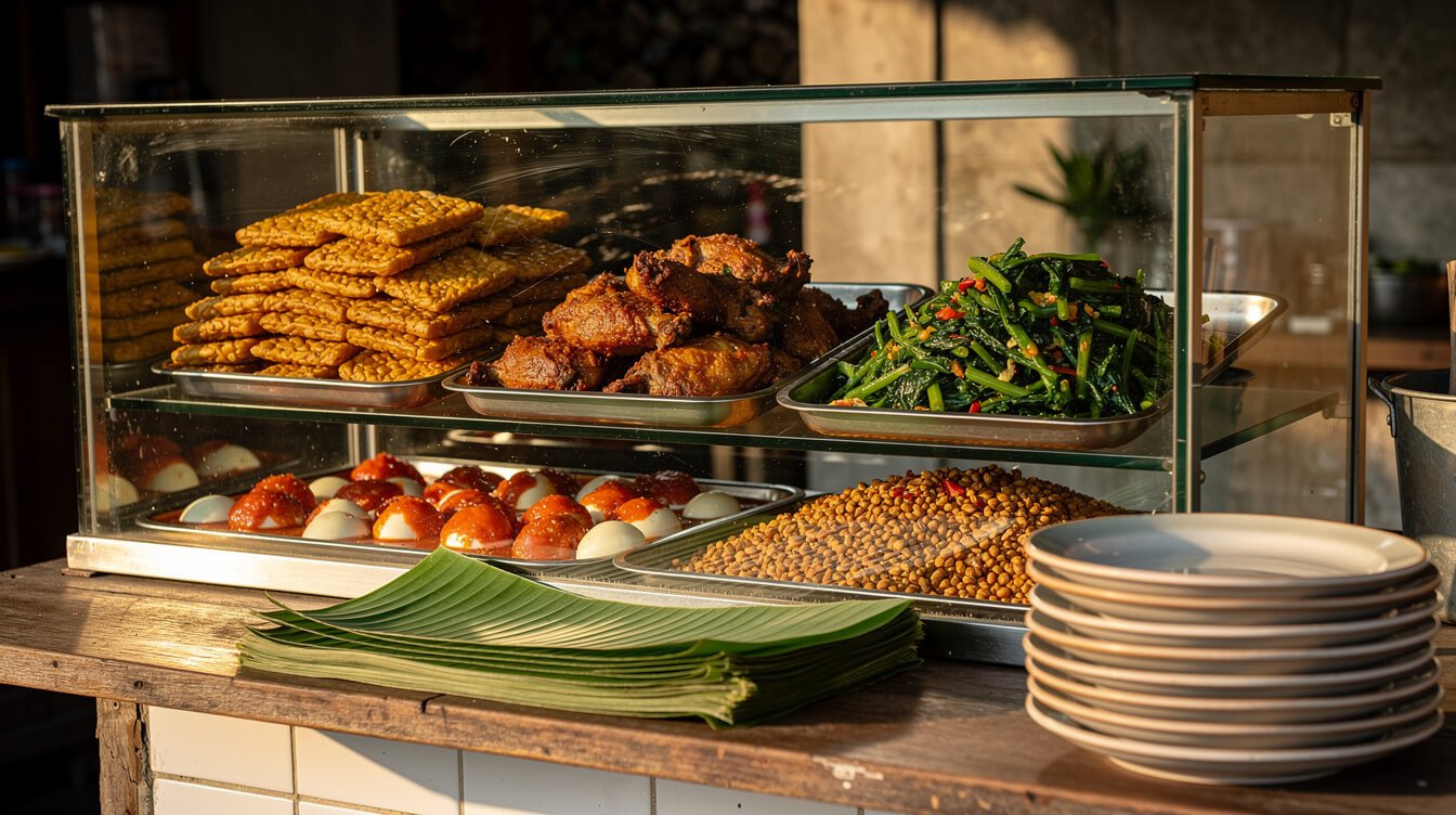 Glass display case of cooked side dishes at a Balinese warung